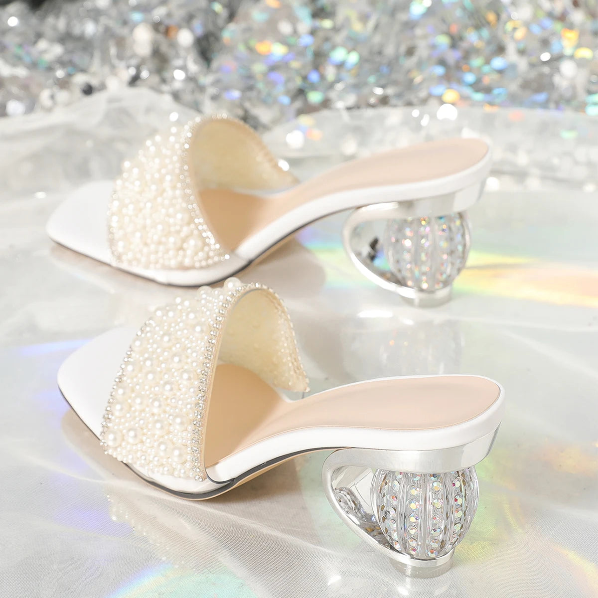 Aneikeh White Pearl Shiny Sandals Slippers Women Transparent Thick Bottom Party Dress Mules High Heels 2026 Summer Heeled Beach