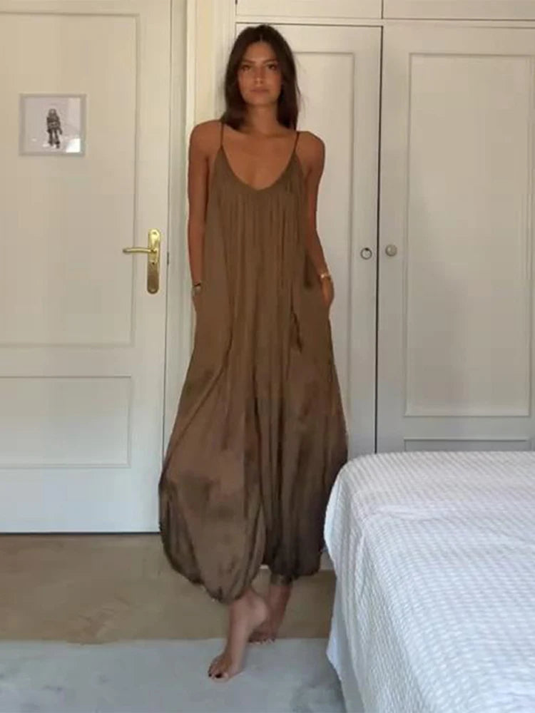 Women‘s Loose Slip Jumpsuits Overalls 2025 Summer V Neck Sleeveless Pocket Baggy Wide Leg Pants Fashion Female Street Playsuit