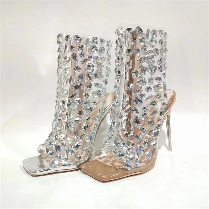 Brand Design 2023 New Crystal/rivet Zipper Sandals Stage Banquet Nightclub High Heels Women Shoes Apricot Silver Dress Matching