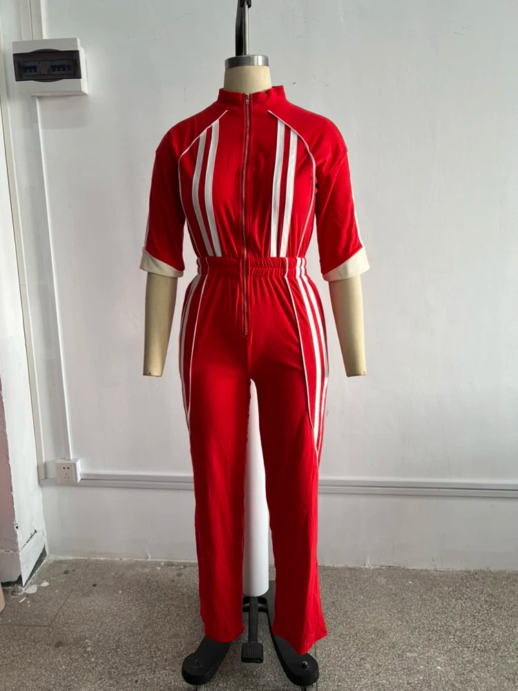 Women Jumpsuits for Spring Half Sleeve Zip Front Stripe Loose Trends Streetwear Overalls Wide Leg Pants Trousers 2025 Summer New