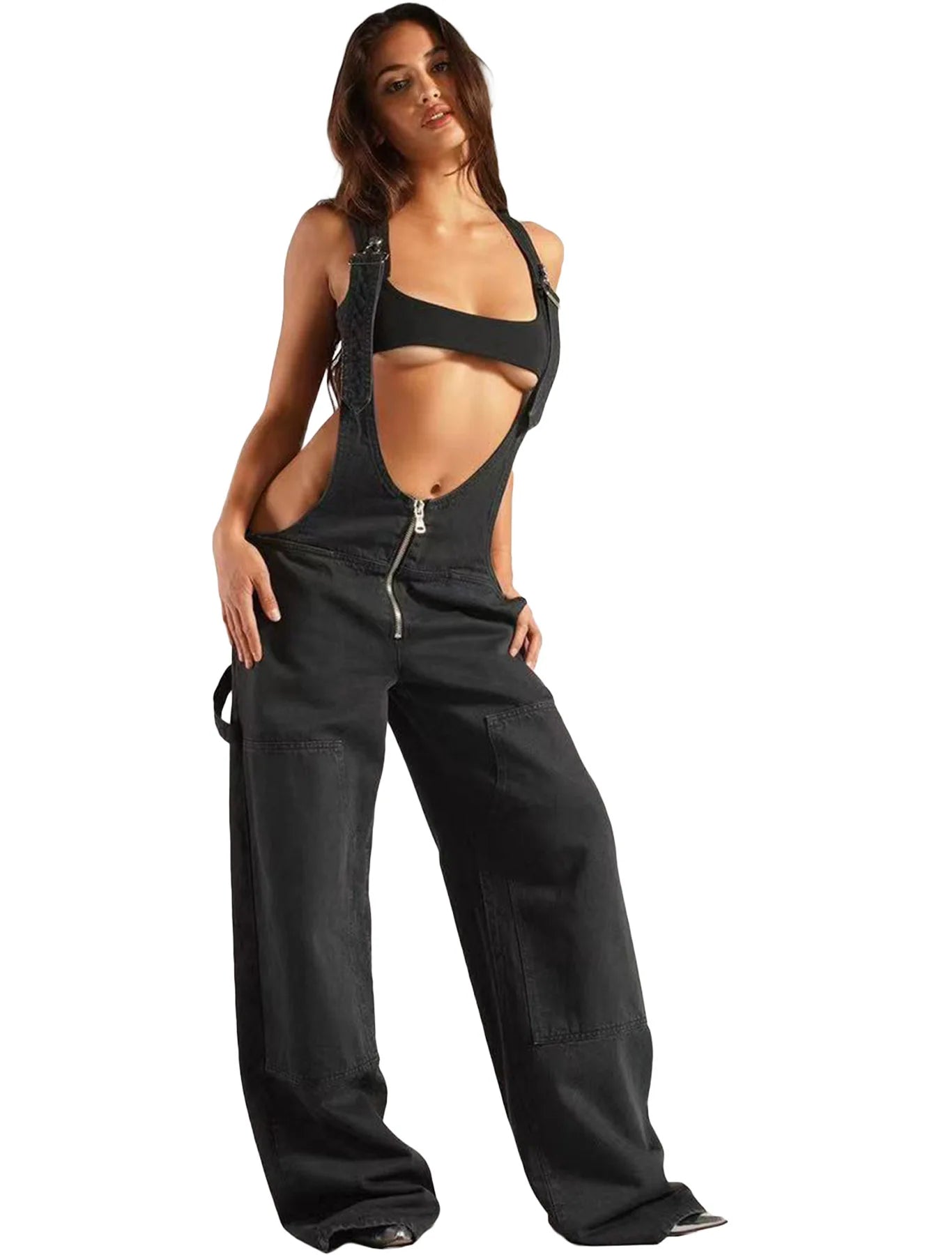 Street Style Sexy Low Waist Strap Jumpsuit Wide-leg Jeans New Personalized Hot Girl Trousers Fashionable Loose Jeans