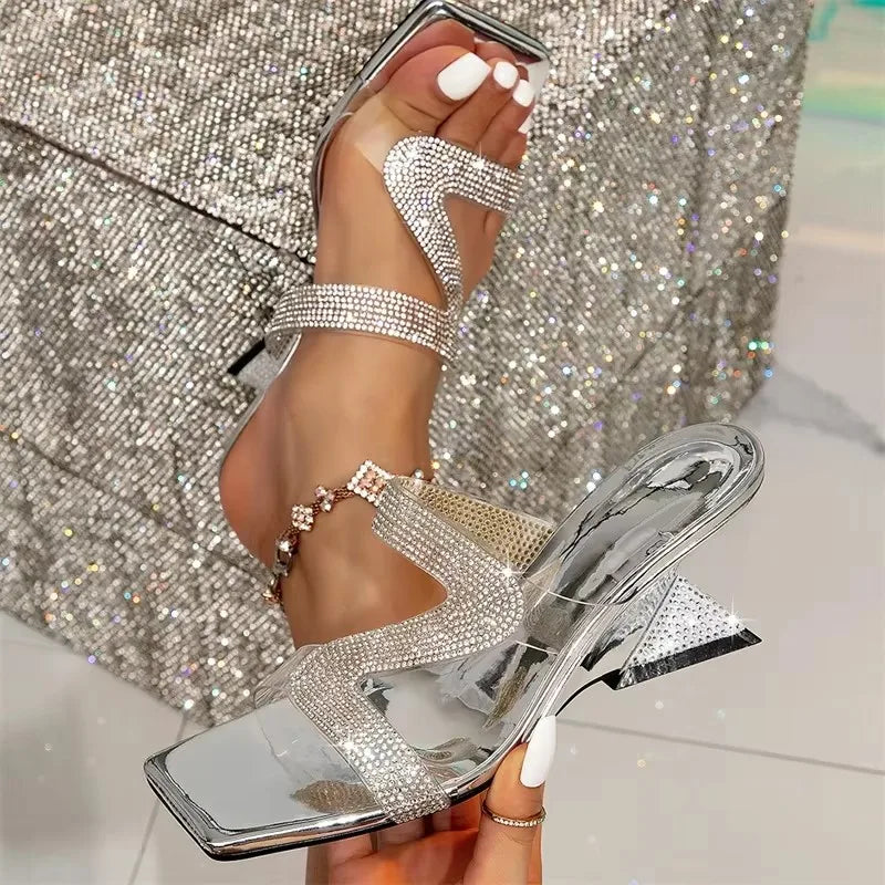 Eilyken Summer Fashion Design Crystal Wedges High Heels Women Slippers Square Toe Shoes Party Dress Zapatos De Mujer