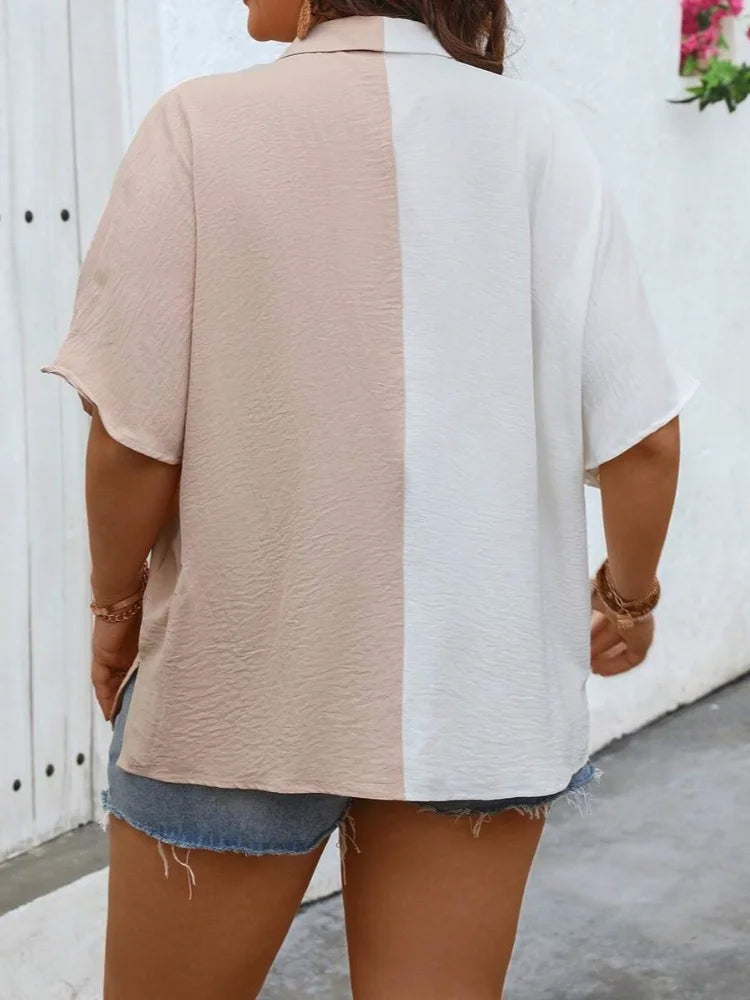 Plus Size Women Shirt Summer Chic Color-Blocked Cardigan Elegant Fashion Breathable Blouses Clothing Suitable for Many Occasions