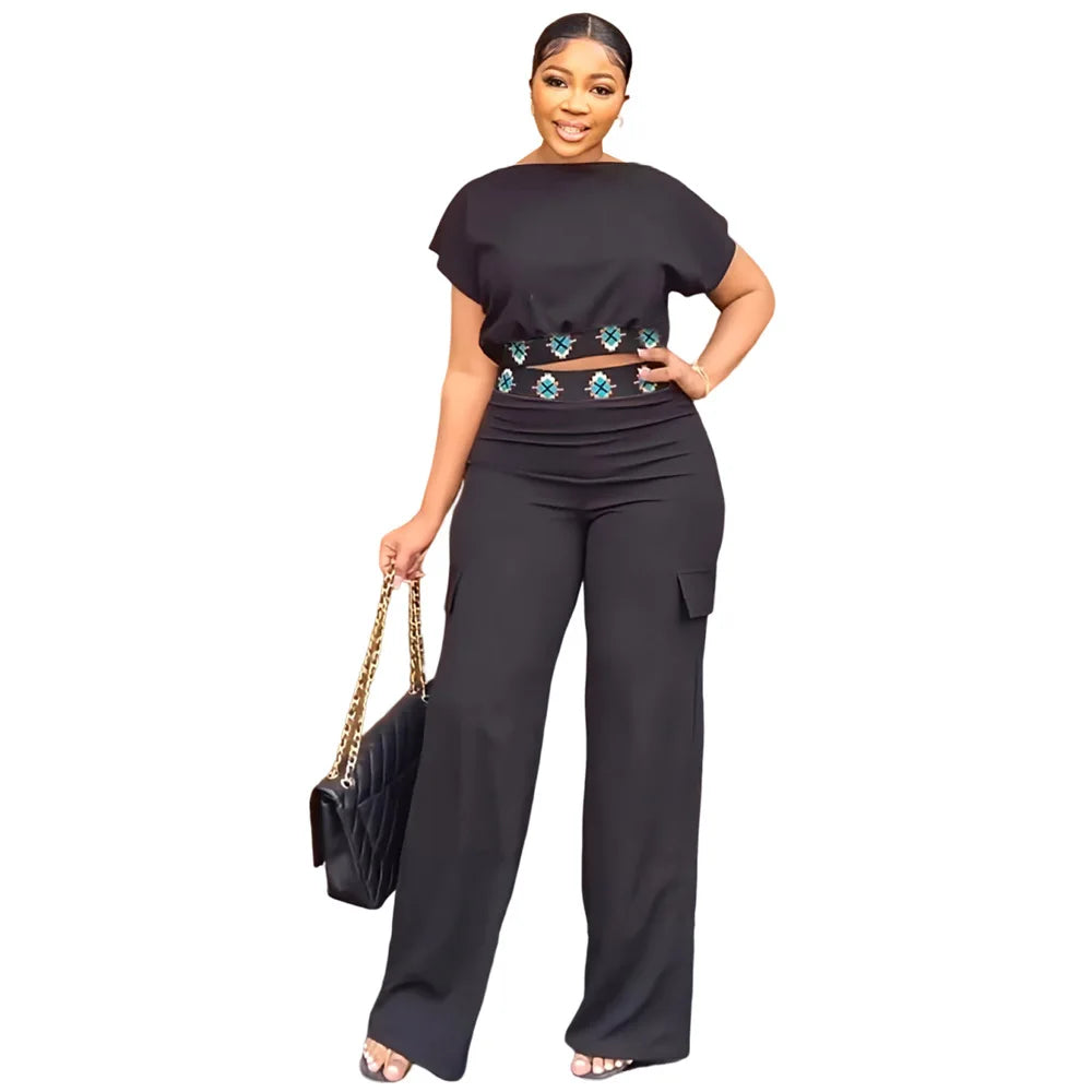 Two Piece Sets Women Outifit 2025 Summer Fashion Geometric Print Boat Neck Short Sleeve Crop Top & Casual Pocket Daily Pants Set