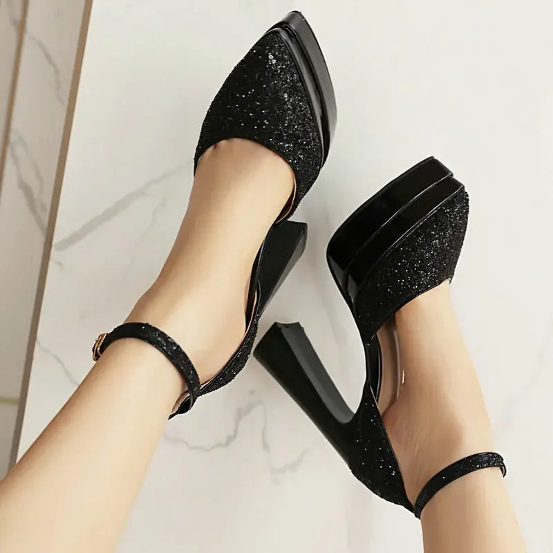 Sequins Glitter Bling Party Bride Shoes Shiny Golden Silver Pointed Toe Platform Mary Janes Summer Thick High Heels Sandals