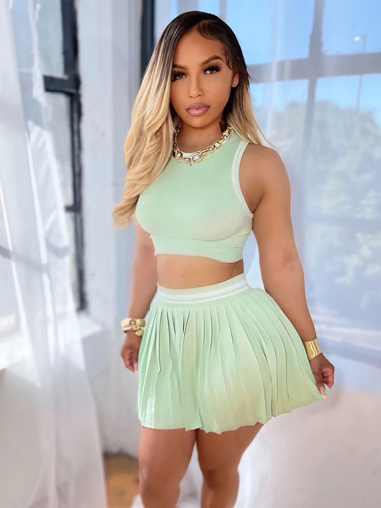 Fashion Women Sets Sleeveless Crop Top Pleated Skirt Suit 2025 Summer Cute Beach Club Knitted Two 2 Piece Set Outfits Tracksuit