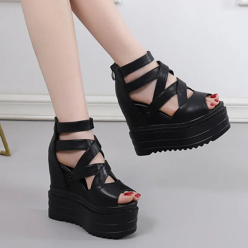 High Heeled Wedge Sandals 13CM Waterproof Platform Muffin Thick Bottom Cross with Fish Mouth Shoes New Inner Increase High Heels
