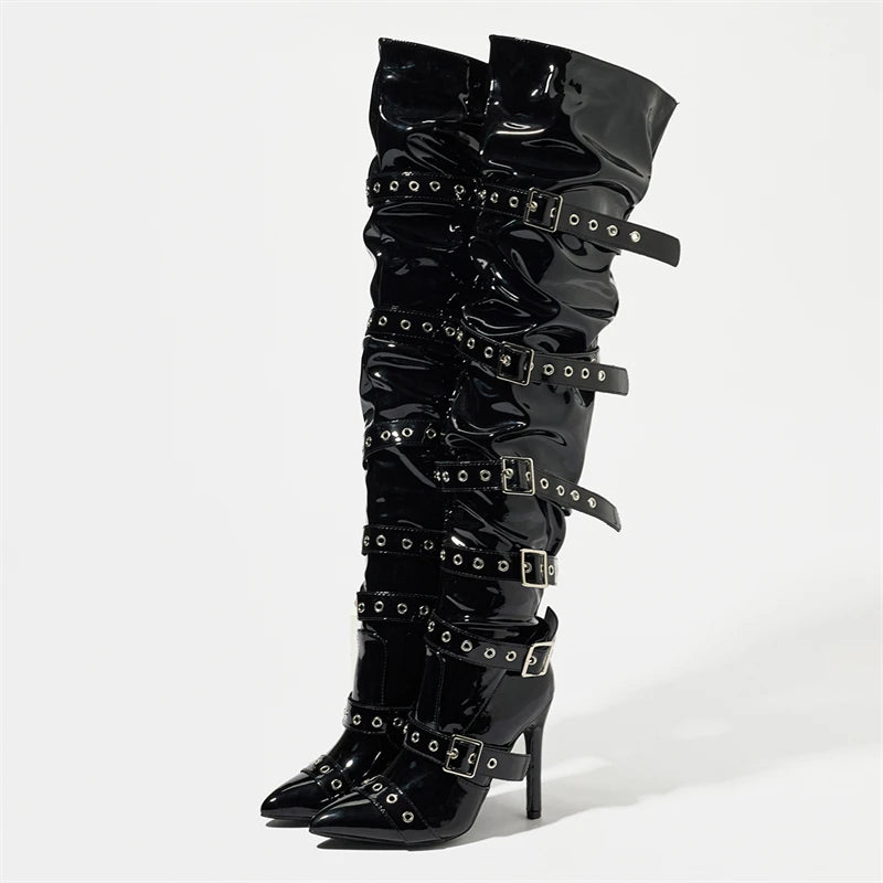 Eilyken Sexy Thin High Heels Patent Leather Women Over The Knee Boot Design Style Narrow Band Buckle Strap Stripper Shoes