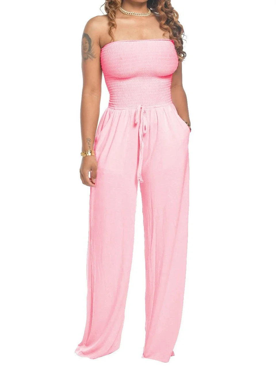 Jumpsuits Women Bodysuit One Pieces Outfits Romper Sexy Flat Shoulder Wrapped Chest Wide Leg Siamese Summer Female Clothing