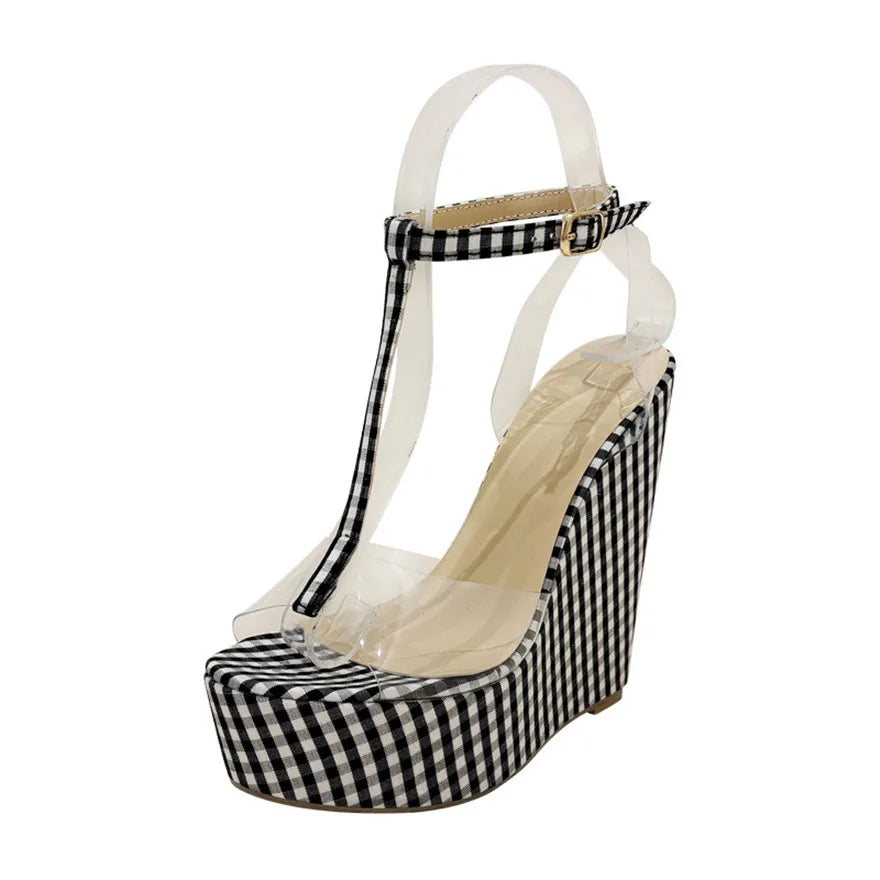 Plaid Fabric Platform Women Sandals 2025 Sexy Transparent PVC Open Toe High Heels Pumps Ankle T-Buckle Bohemia Wedge Shoes Woman