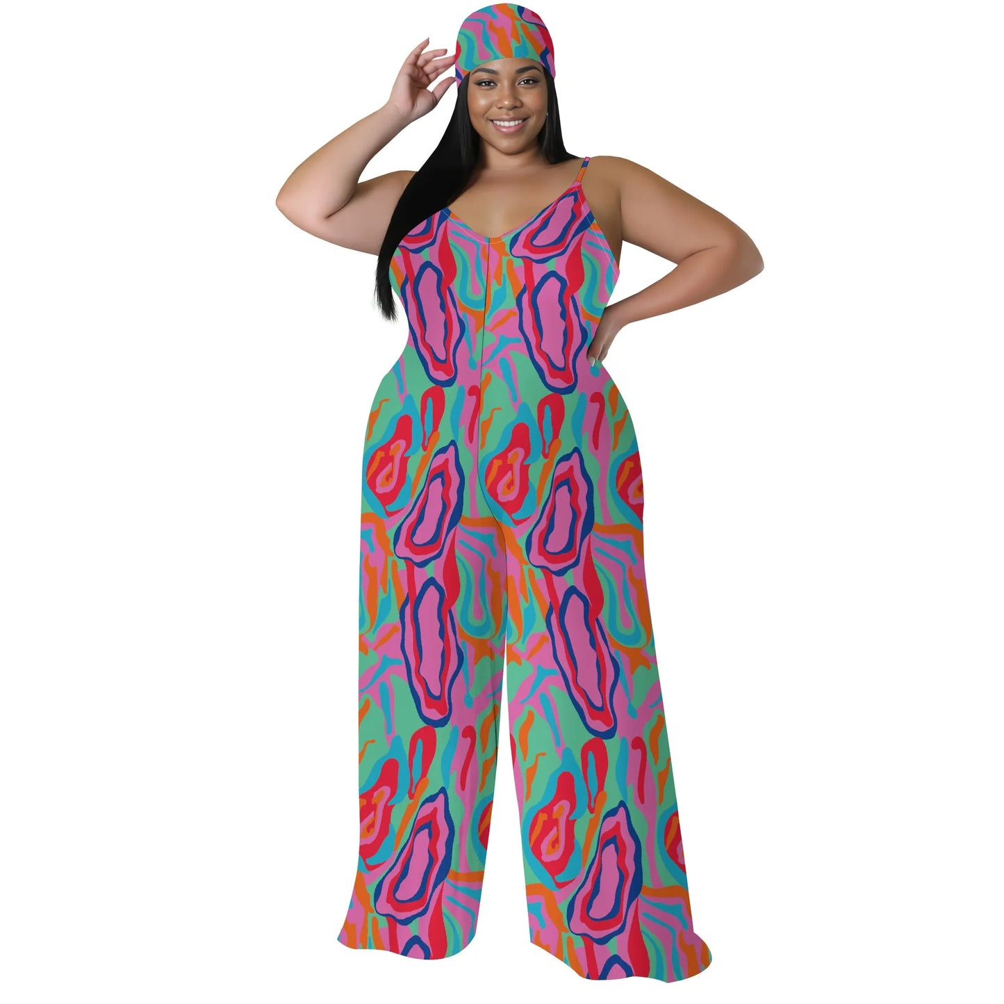 Plus Size Printed Jumpsuit - Strapless Wide Leg Romper with Scarf, Boho Palazzo Pants for Women