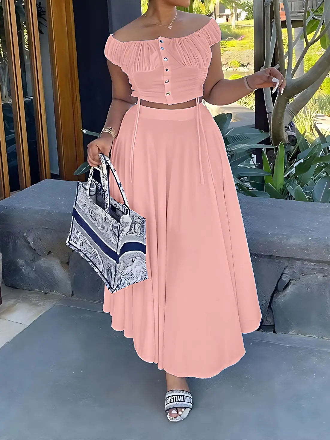 Women's Casual two-piece Summer Solid Off Shoulder Crop Top and Long SkirtSet -Stylish Elegant Vestidos