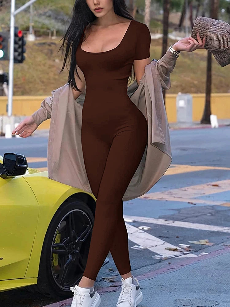 Short Sleeve Solid Bodycon Casual Romper