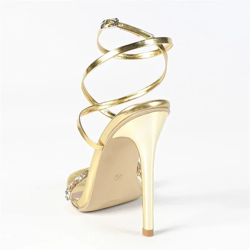 Aneikeh Design Style Golden Buckle Strap Women Sandals Street Style Sequin Rhinestone Thin High Heels Banquet Party Shoes