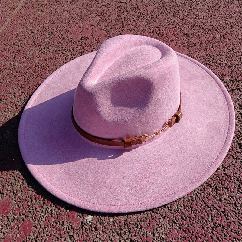 Suede fedora hat with same color accessories teardrop top wide brim hat for men and women Panama hat chapeau homme sombrero