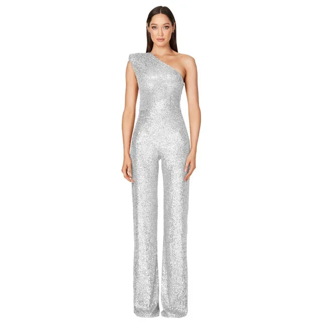 Women Elegant Long Jumpsuits Sexy Glitter Sequin Club Ladies Playsuits Slanted Collar Party Fashion Backless Solid Romper 2024