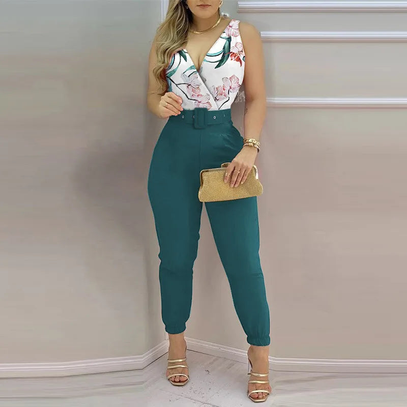 Summer Elegant Women Jumpsuits Office Lady Sexy V-neck Sleeveless Print Jumpsuits New Fashion With Belt Vest Playsuit Streetwear