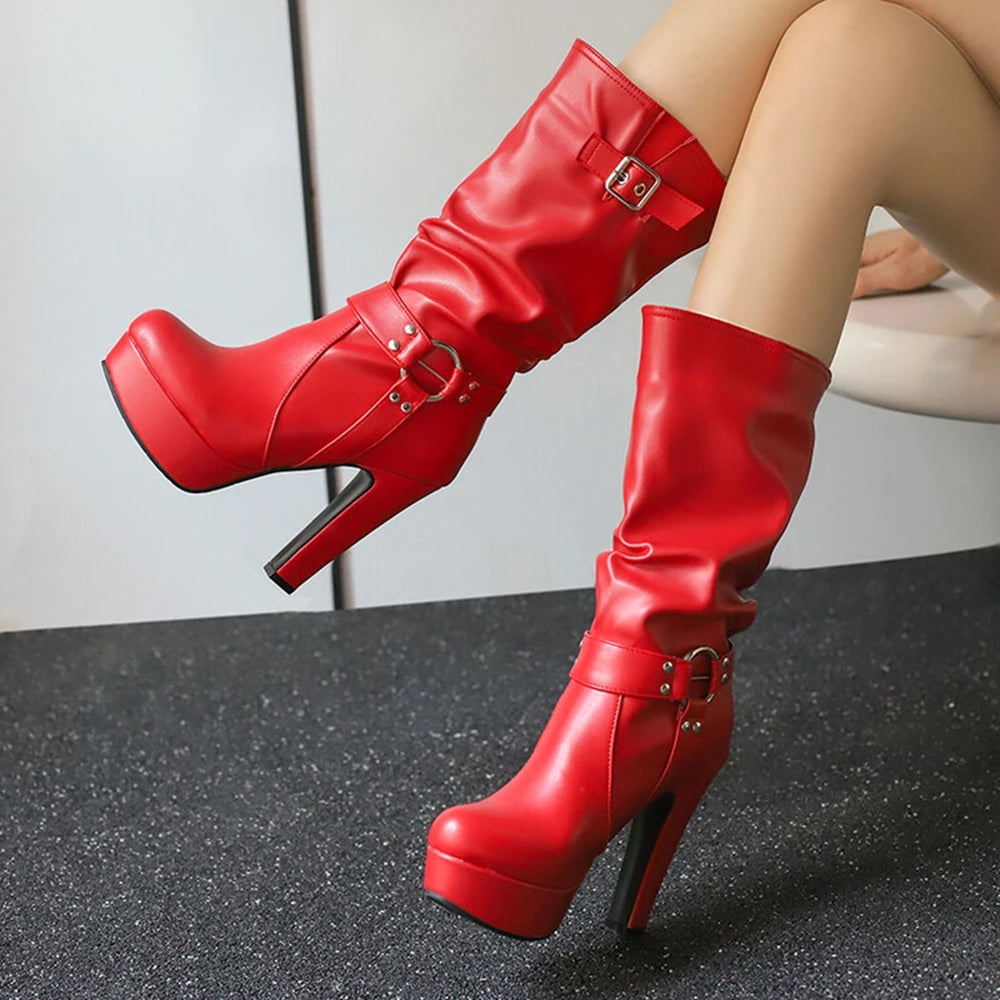 Botines Mujer Fashion Round Toe High-heeled Mid Calf Boots Pleated Waterproof Platform Dress Thick Heel Set Women Boots 338-45