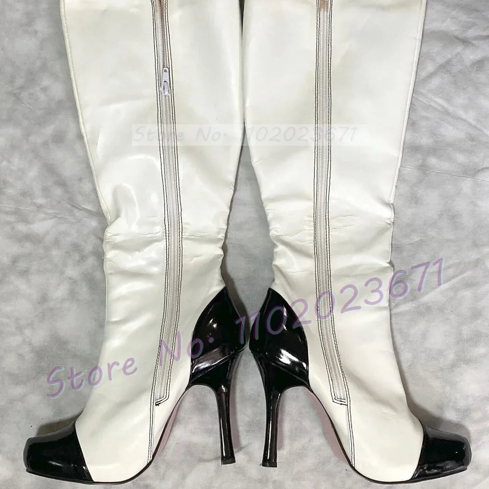 Two-tone Round Toe Platform Boots Women Side Buttons Trim High Heels Shoes Ladies Side-zip Casual Fashion Winter Knee High Boots