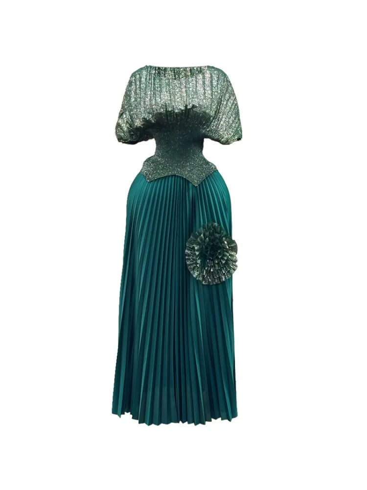 2 Piece Pleated Top Long Skirt Set