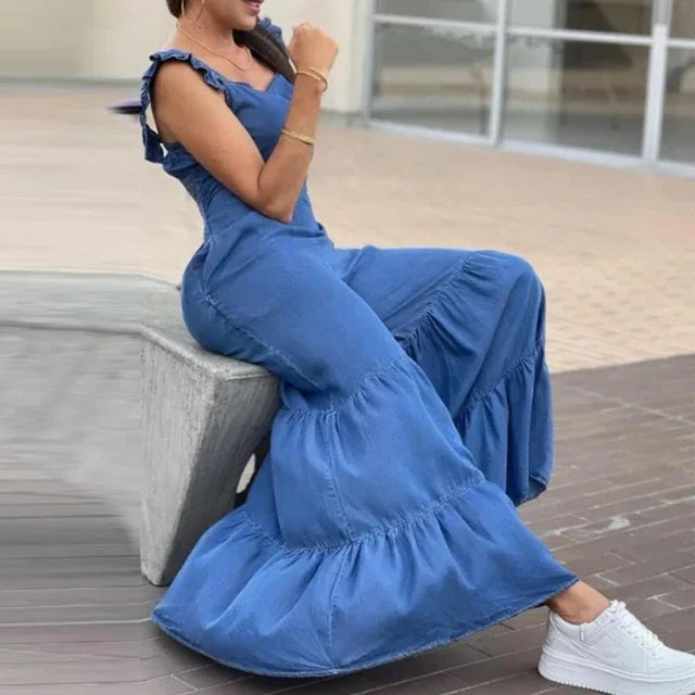 Women Solid Jumpsuits Spring V Neck High Waist Straight Playsuits Summer Backless Wide Leg Pleated Pants Rompers Flared Jumpsuit