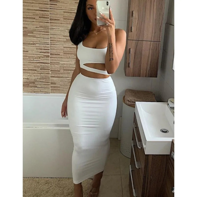 Summer New Women's Skirts Sets Strapless Cutout Crop Top+High Waist Stretch Tight Skirt Sets Fashion Lady Sexy Two-Piece Outfits