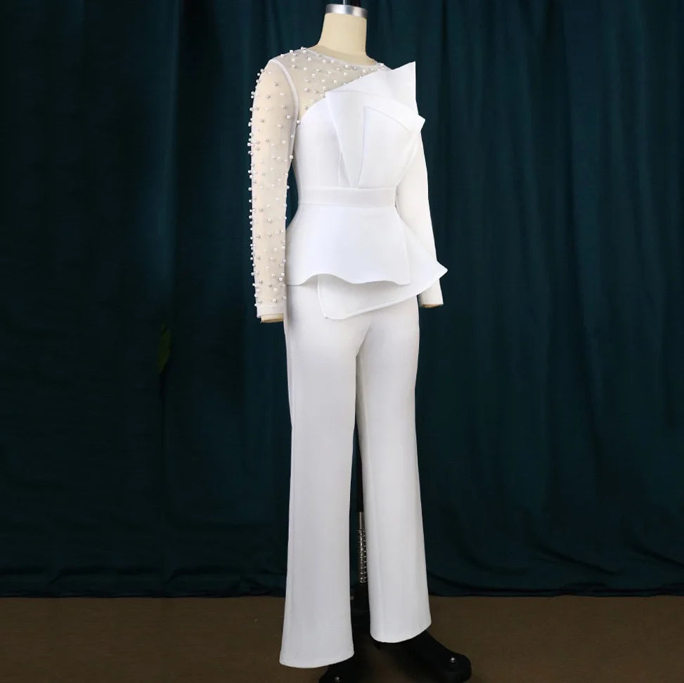 Elegant Jumpsuits & Rompers for Women 2025 White Black Beaded High Waisted Luxury Fashion Birthday Party Long Overalls Clothes