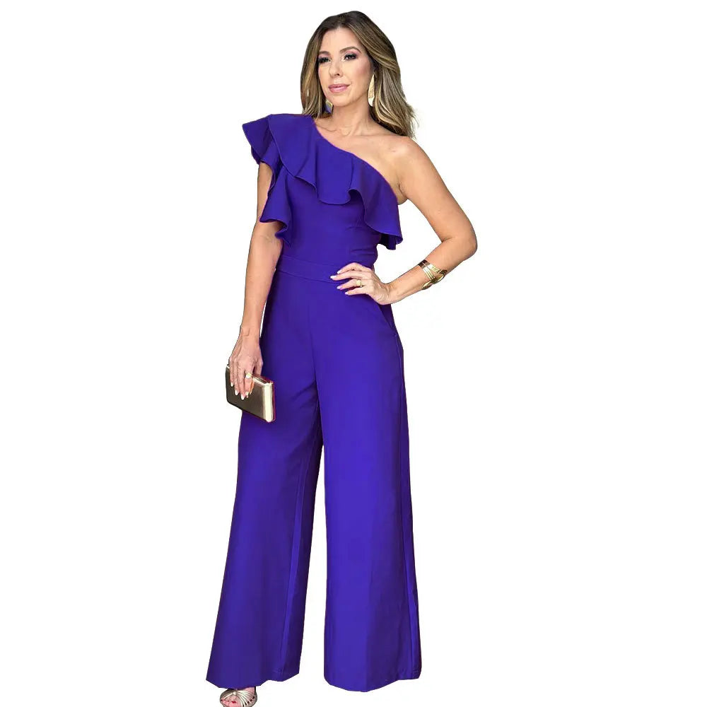 Casual Women's Solid Color Jumpsuits Summer Oblique Collar Black Ears High Waist Wide-leg Pants Fashionable Summer Jumpsuits