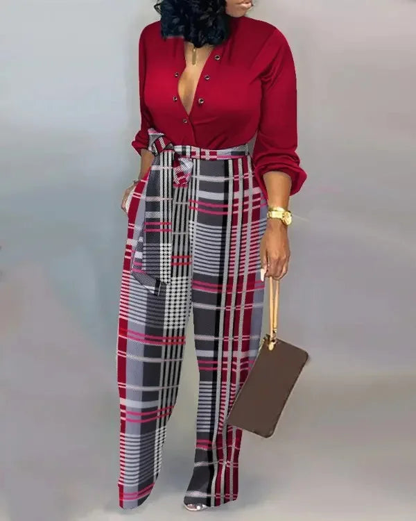 High-Waist Casual Straight-Leg Loose Printed Jumpsuit
