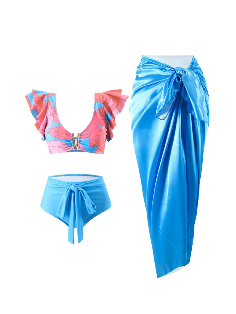 Two Pieces Set Woman Swimsuits 2025 Trend Printed One-piece Swimsuit Sexy Hollowed Out High Waisted Bikini for Beach Vacation