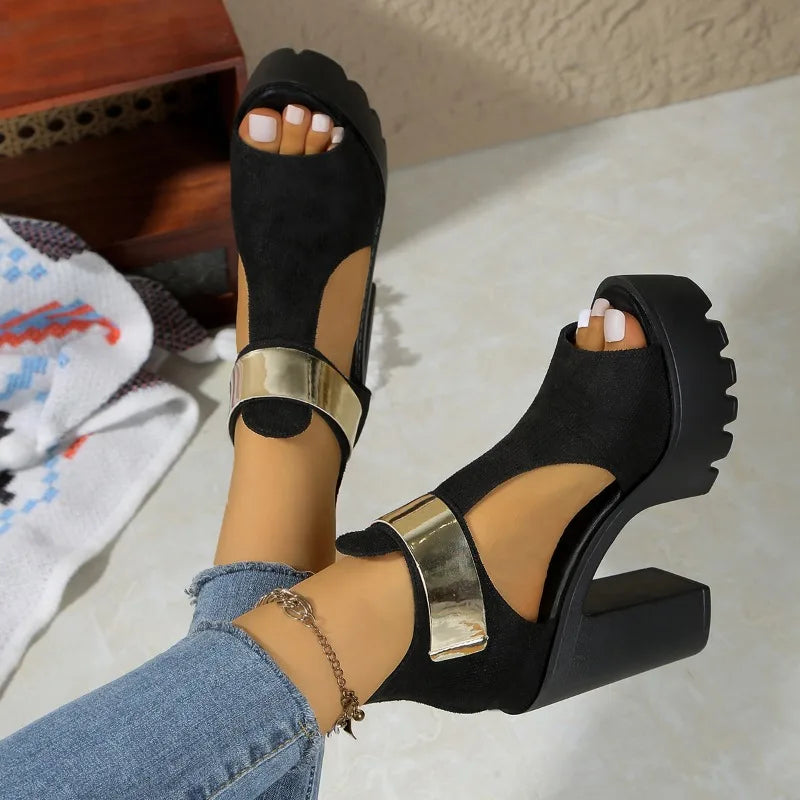 Open Toe Cutout Platform Rear Zipper Non-Slip Block Heels