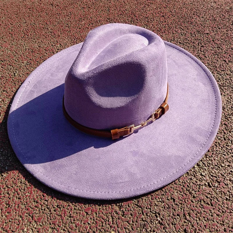 Suede fedora hat with same color accessories teardrop top wide brim hat for men and women Panama hat chapeau homme sombrero
