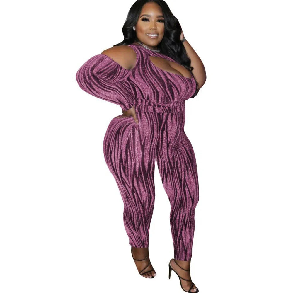 Sexy Jumpsuits Plus Size Women Clothing Single Long Sleeve Hollow Out Club Outfits Bodycon Stretch Wholesale Drop Shipping