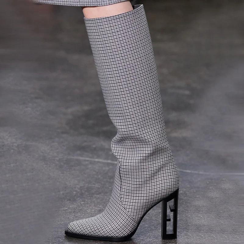 Pointed Toe Leather Knee High Boots