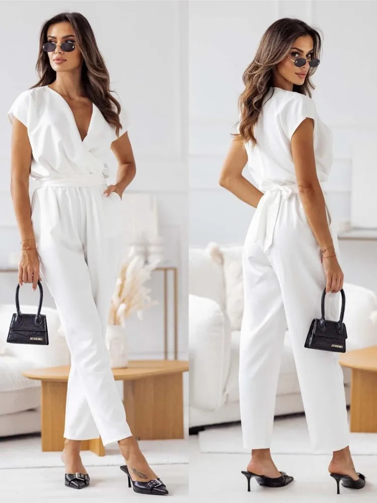 Summer Office Lady Jumpsuit Fashion Solid Color Short Sleeve Long Pants Jumpsuits For Women Casual Overalls Elegant Jumpsuit