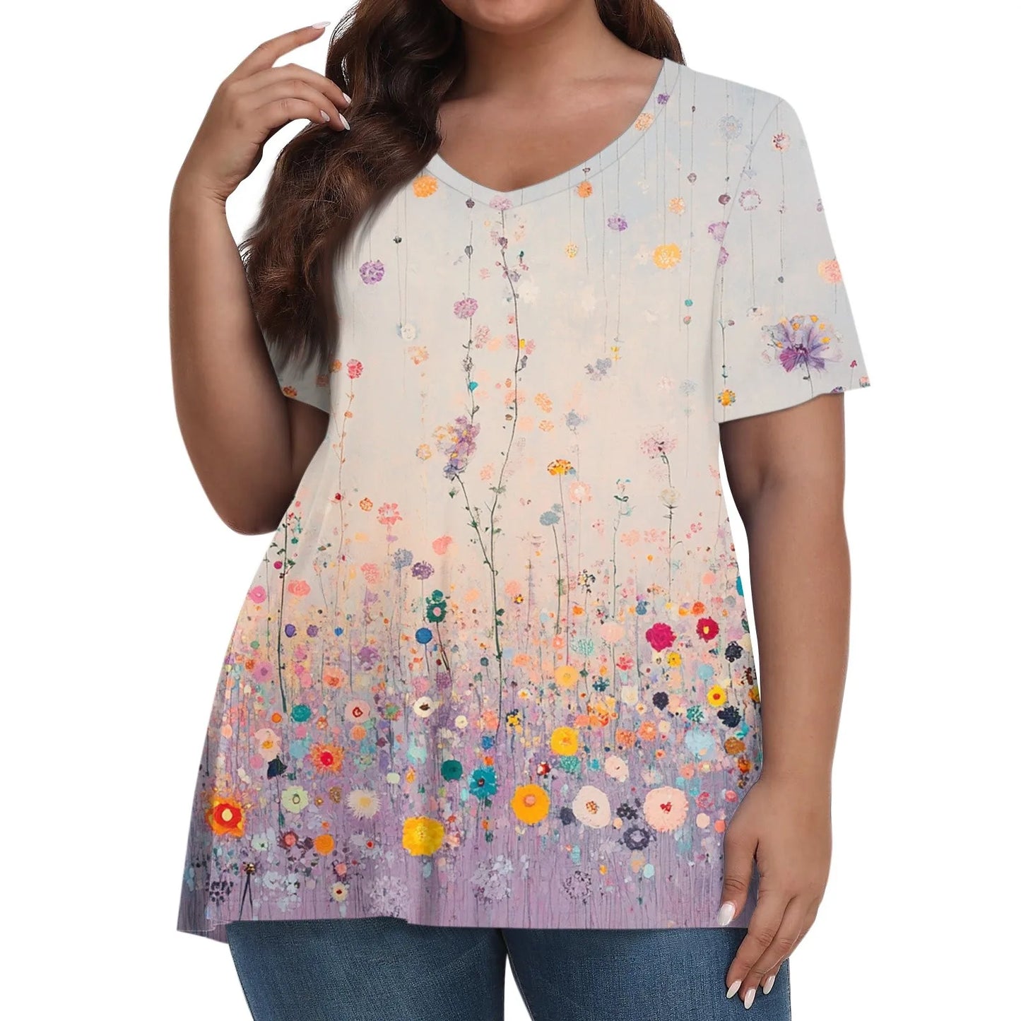 Plus size summer loose t shirt women's fashion casual v neck pullover short sleeve large size floral printed t-shirts top