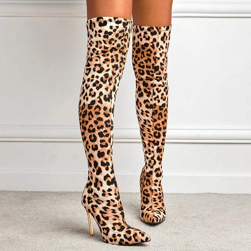 Aneikeh Over Knee Long Boots Sexy Leopard Fetish Strip Pole Dance Pointed Toe Thin Heels Ladies Shoes 2025 Spring Botas De Mujer