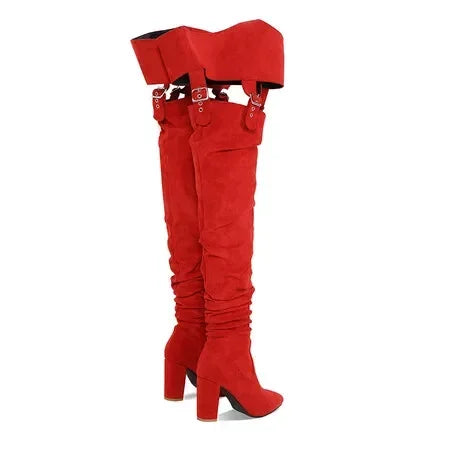 2024 New Suede High Heels Sexy Buckle Strap Thigh High Boots NightClub Stage Over-the-Knee Long Booties 8.5CM Fetish Women Shoes