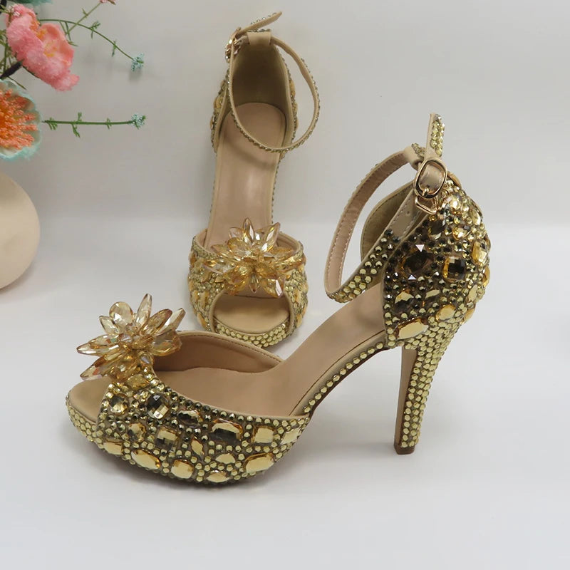 BaYa Fang Champagne Crystal Bridal Party shoes bag Set Women Thin Heel Wedding Evening shoes Open Toe Sandals Ankle Strap Female