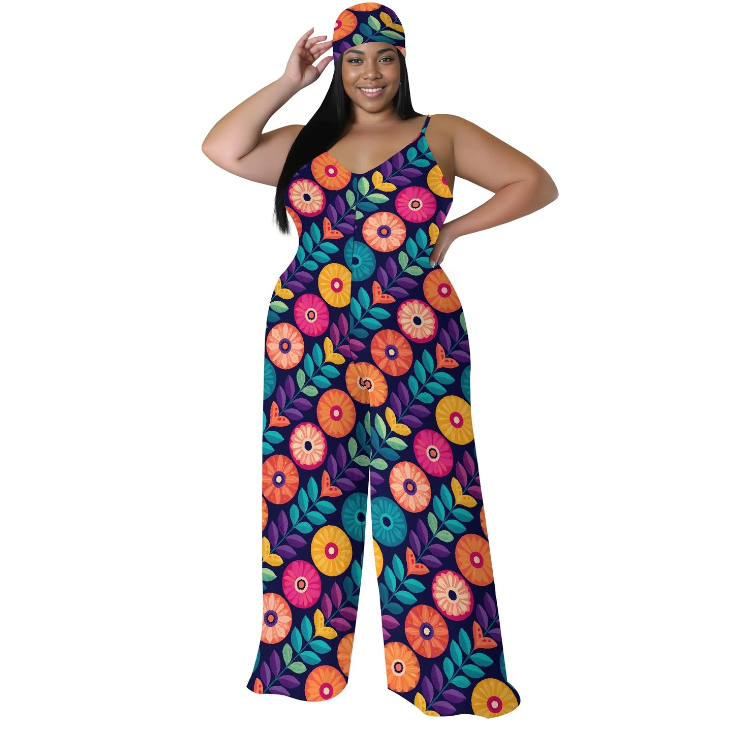 Plus Size Graphic Jumpsuit Colorful Pixel Landscape Print Wide Leg Sleeveless Romper for Women