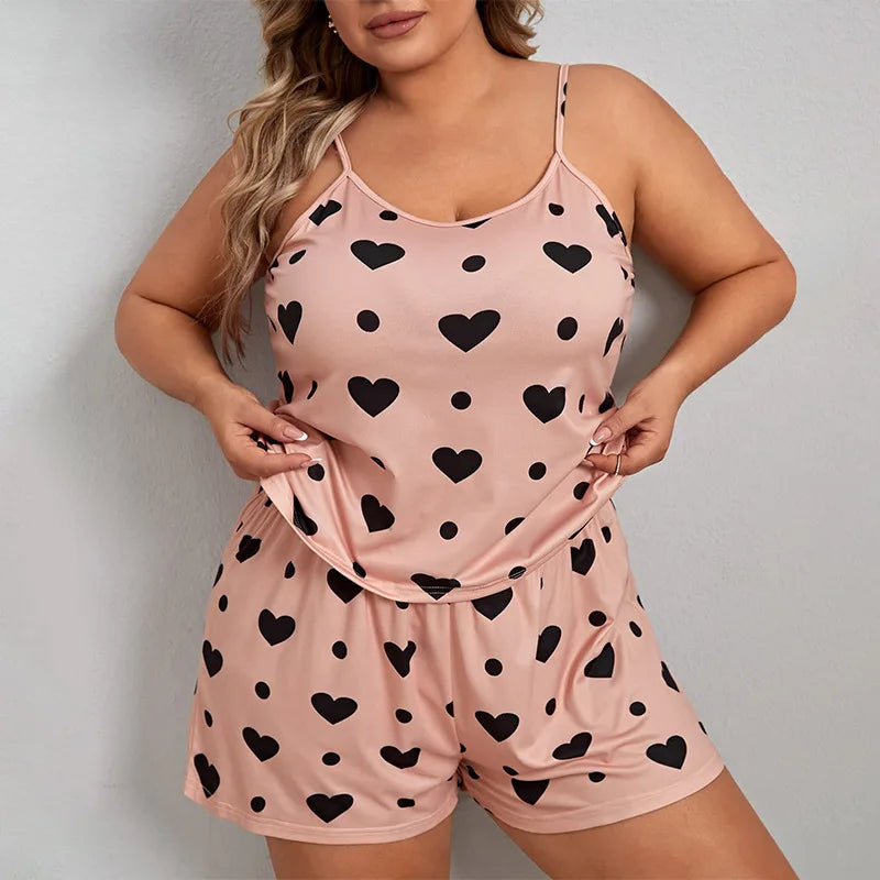 Sur plus size heart print women pajama set sleeveless XL XXL XXXL elastic waist shorts 2 pieces female sleepwear nightwear