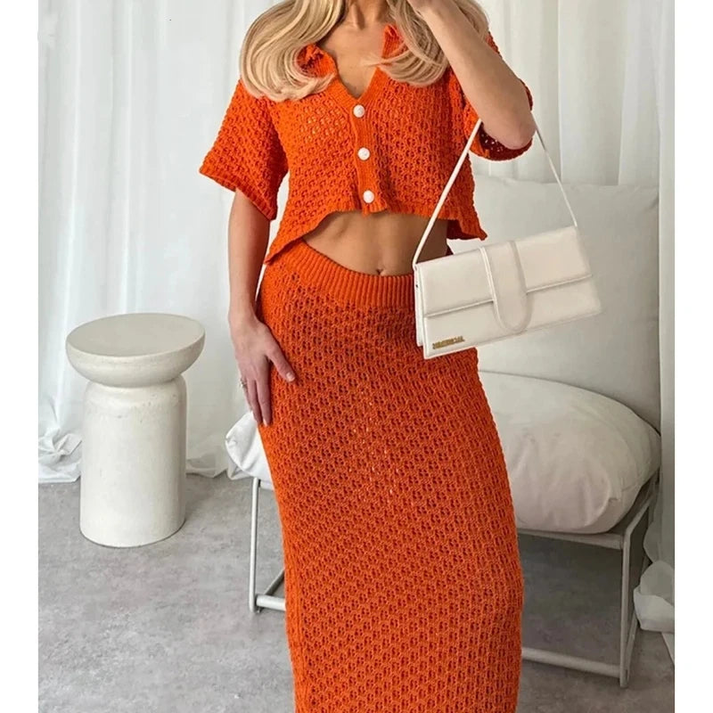 ALLUKASA Knitted Hollow Out Women Skirt Sets Single Breasted Short Sleeve Cardigan Long Skirts Fashion Casual Beach 2 Piece Sets