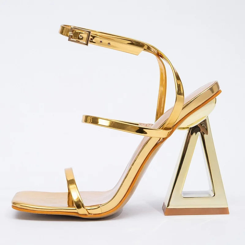 Eilyken Designer Golden Square Toe Buckle Strap Woman Sandals Summer Narrow Band Hollow Out High Heels Banquet Shoes