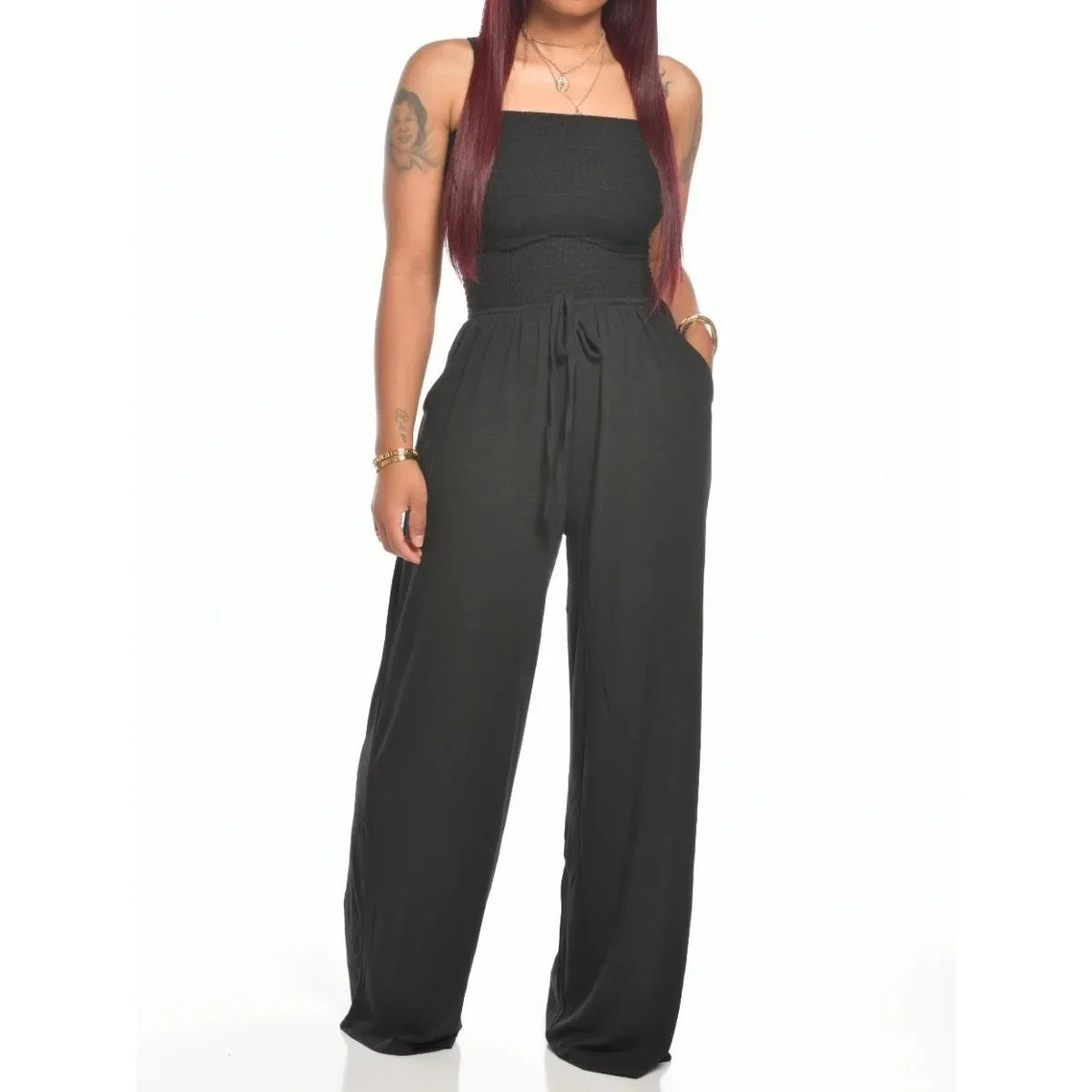 Jumpsuits Women Bodysuit One Pieces Outfits Romper Sexy Flat Shoulder Wrapped Chest Wide Leg Siamese Summer Female Clothing