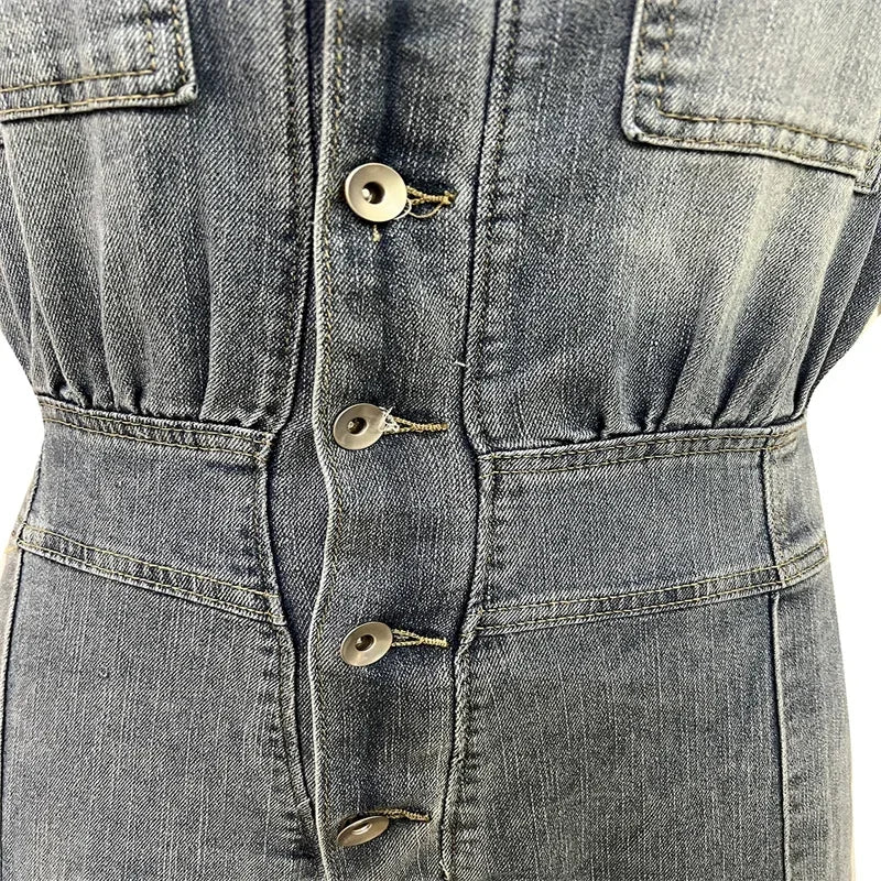 Streetwear Denim Jumpsuit Women Jean Overalls Sleeveless Elegant Turn-Down Collar Single Breasted Vintage One Pieces Rompers