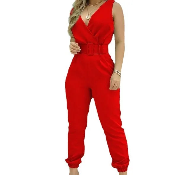 Summer Elegant Women Jumpsuits Office Lady Sexy V-neck Sleeveless Print Jumpsuits New Fashion With Belt Vest Playsuit Streetwear