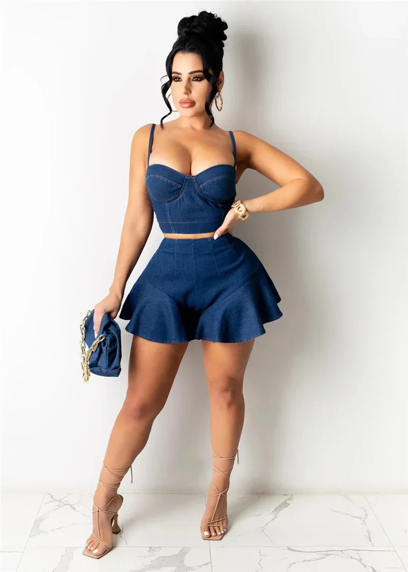 Sexy Denim 2 Piece Sets Womens Outfits Summer 2024 Crop Tops and Ruffles Shorts Sets Party Club Jeans Birthday Matching Sets