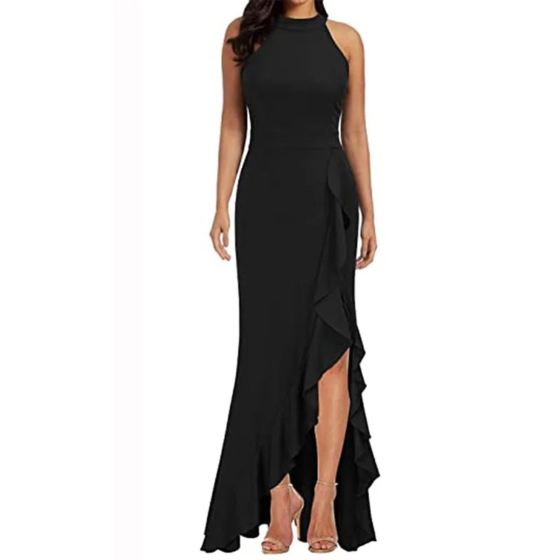 Women High Waist Plus Size Sleeveless Halter Maxi Dress Evening Dresses for Party Wedding