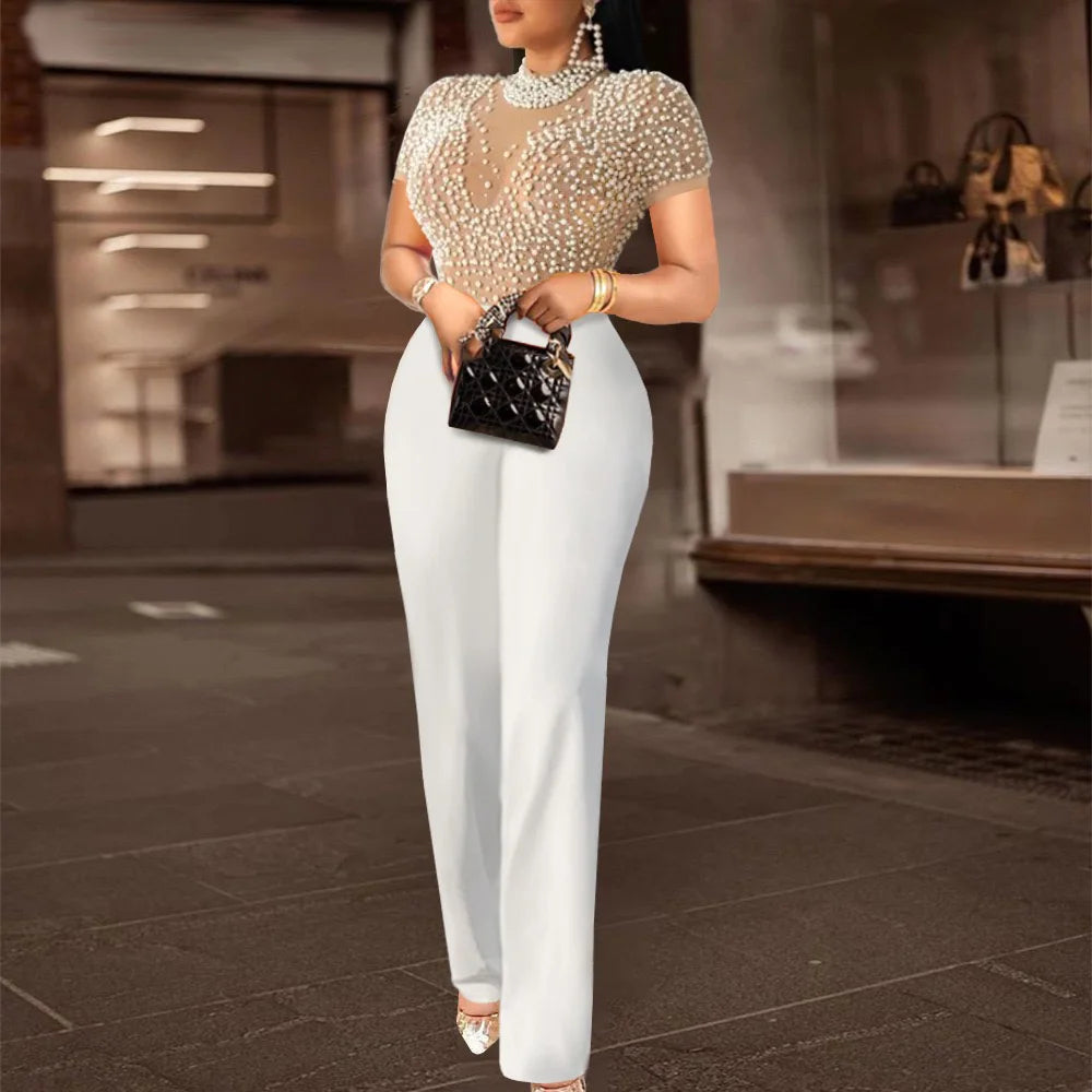 Elegant Jumpsuits & Rompers for Women 2025 White Black Beaded High Waisted Luxury Fashion Birthday Party Long Overalls Clothes