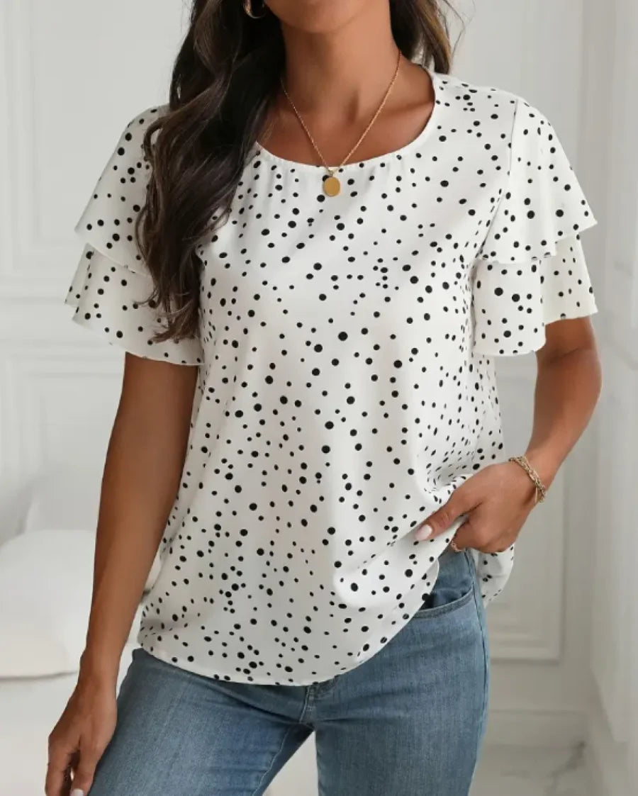 Plus size summer women's printed polka dot lotus leaf sleeve comfortable casual versatile T-shirt
